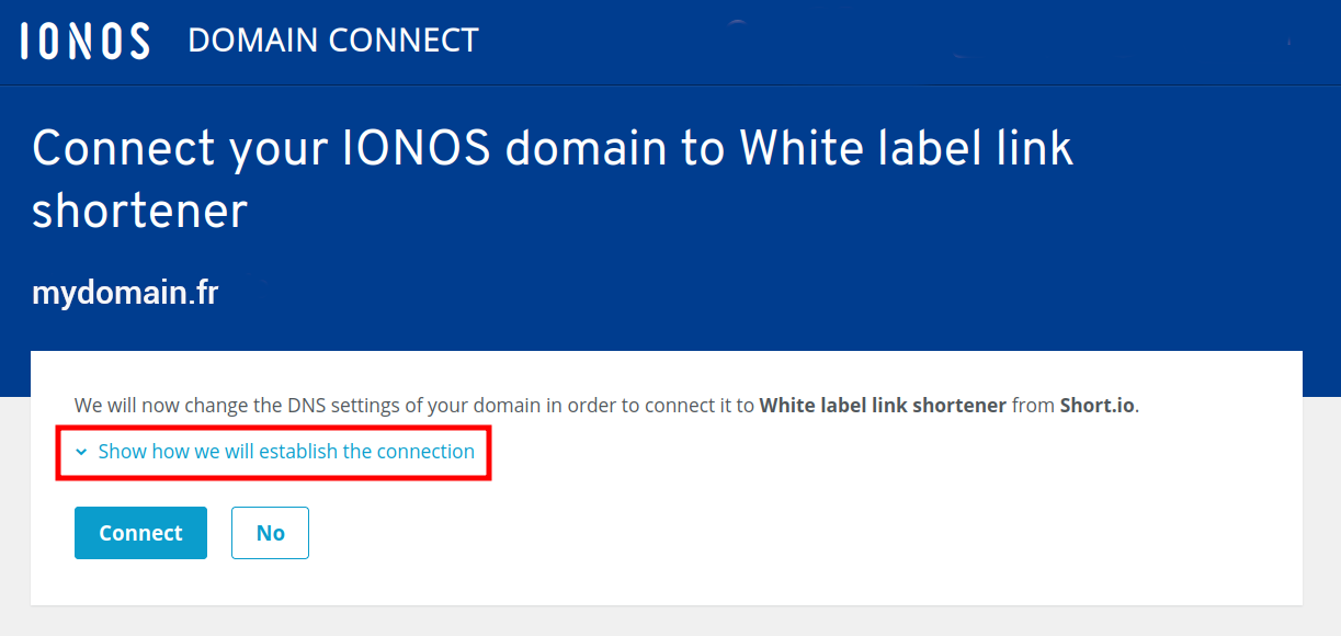 IONOS Domain Connect page for Short.io link shortener