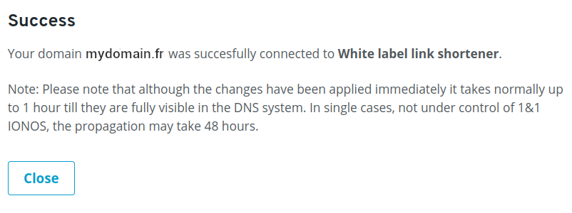 IONOS success message confirming domain connection