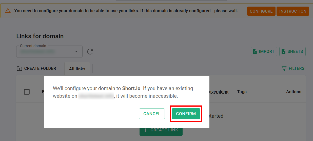 Short.io auto-configure confirmation dialog with Confirm button