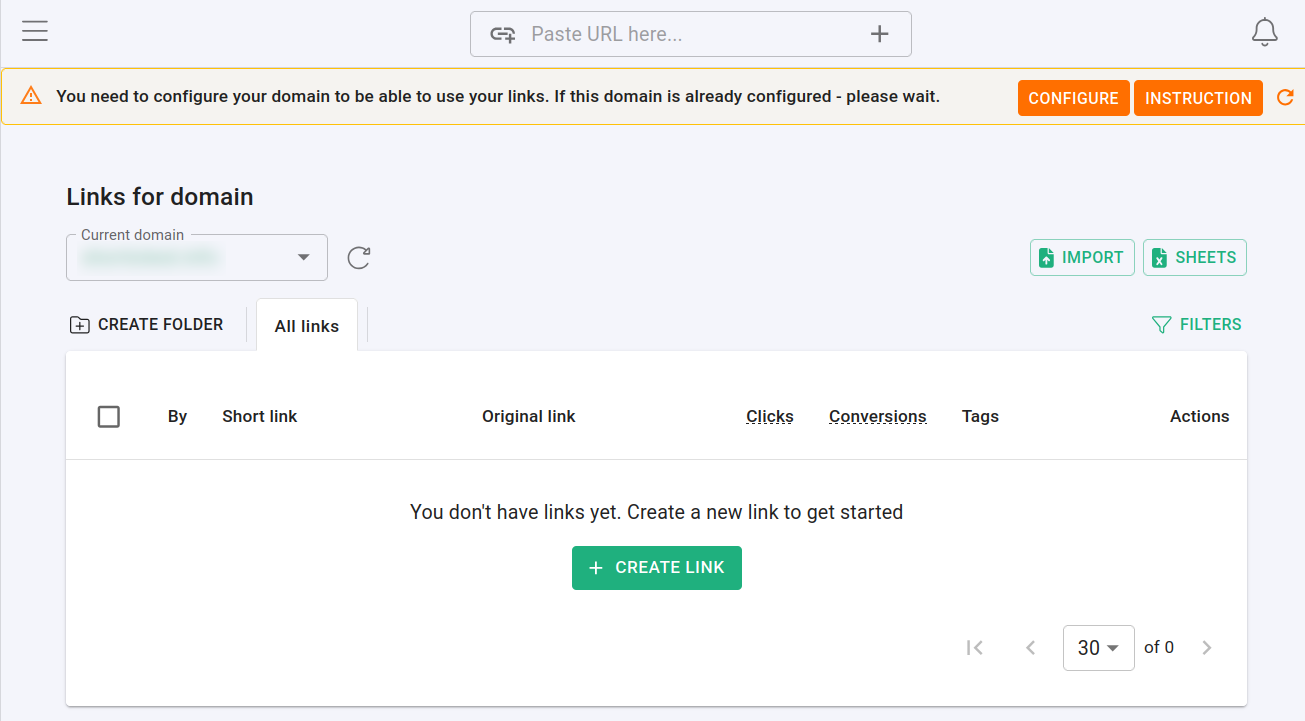 Short.io dashboard with Configure and Instruction buttons