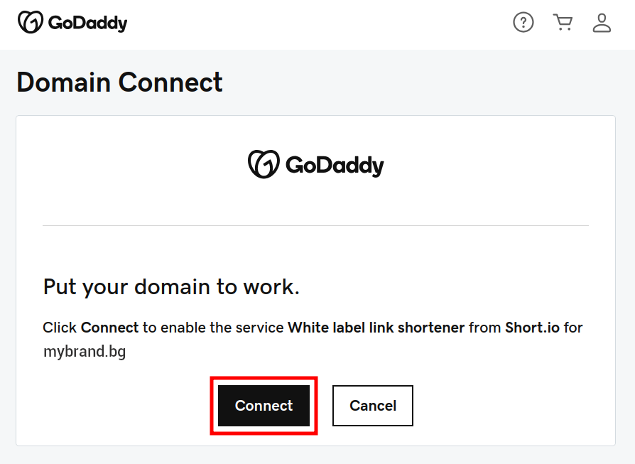 GoDaddy Domain Connect page with Connect button highlighted