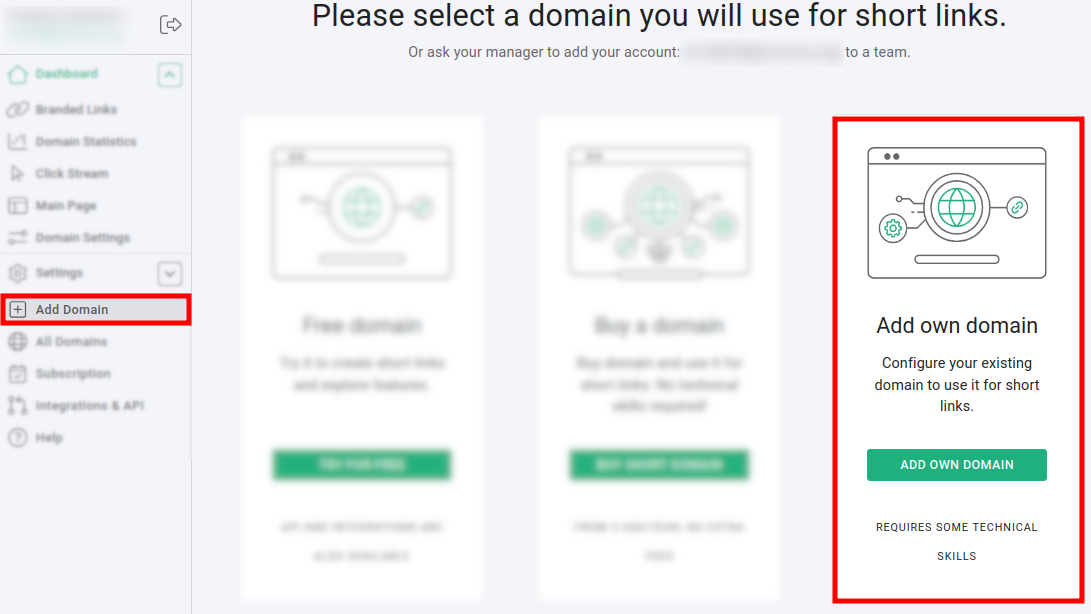 Short.io domain selection page with Add own domain option highlighted