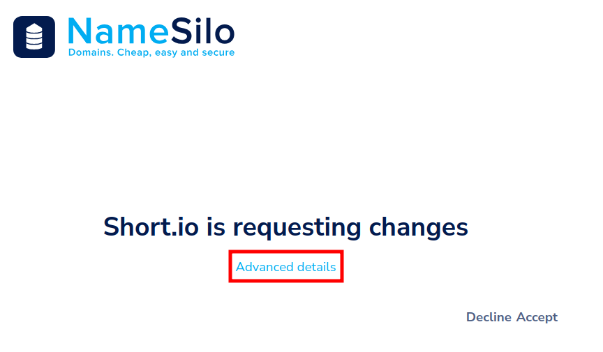 NameSilo requesting changes page with Advanced details link