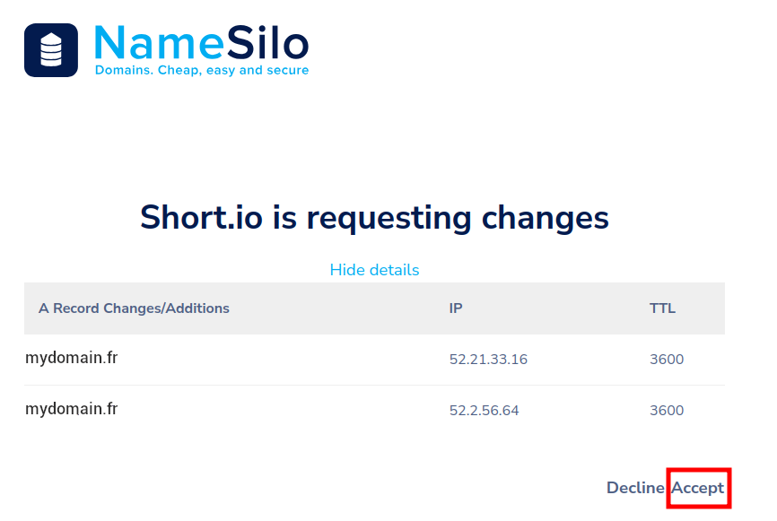 NameSilo DNS change details with Accept button highlighted