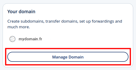 IONOS Your domain panel with Manage Domain button highlighted