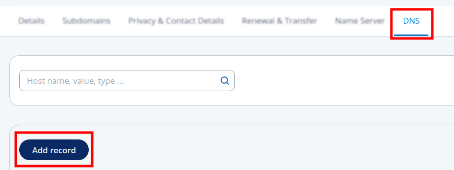 IONOS DNS settings with Add record button highlighted