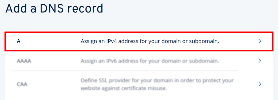IONOS Add DNS record page with A record type selected