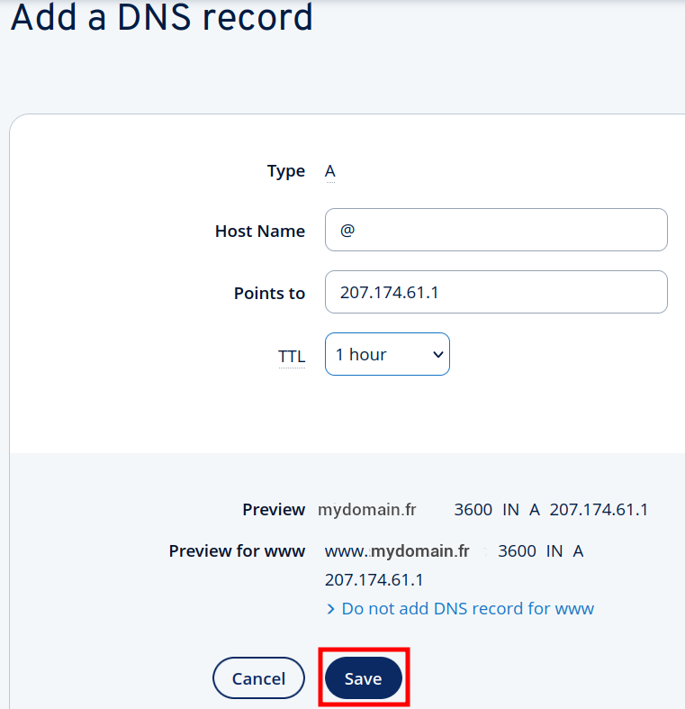 IONOS A record form with Short.io IP address entered