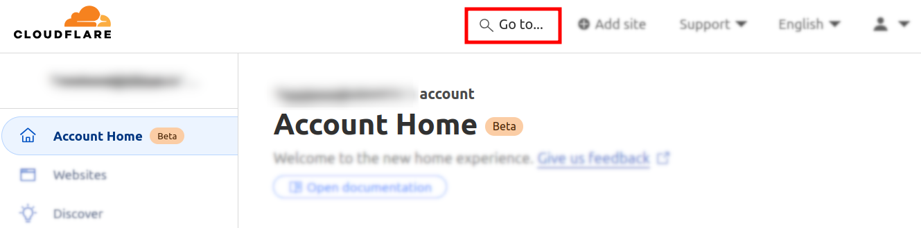 Cloudflare dashboard with Go to search field highlighted