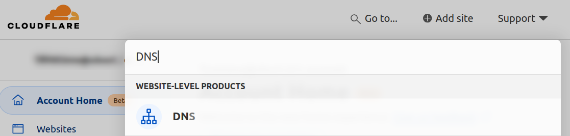 Cloudflare search showing DNS option in results