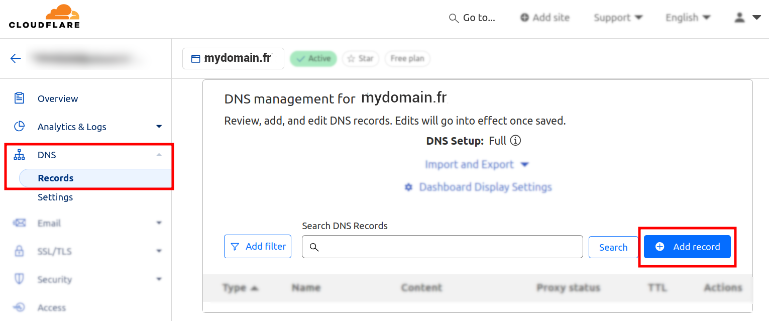 Cloudflare DNS management page with Add record button highlighted