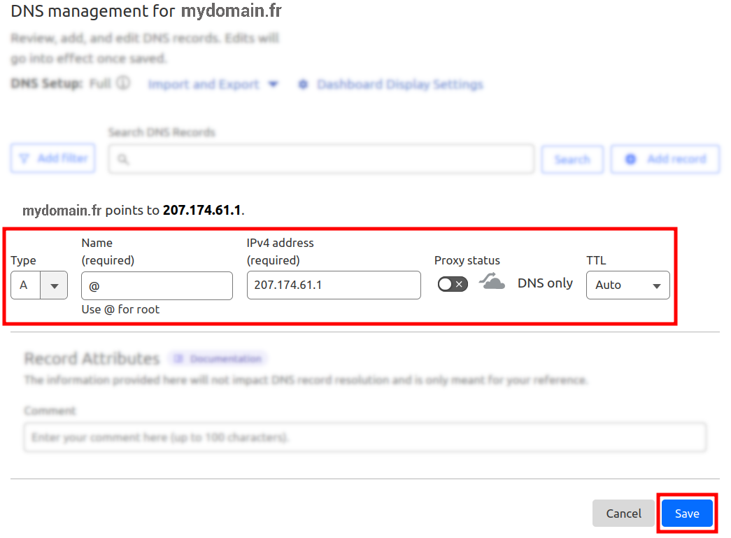Cloudflare DNS record form with A record configured for Short.io