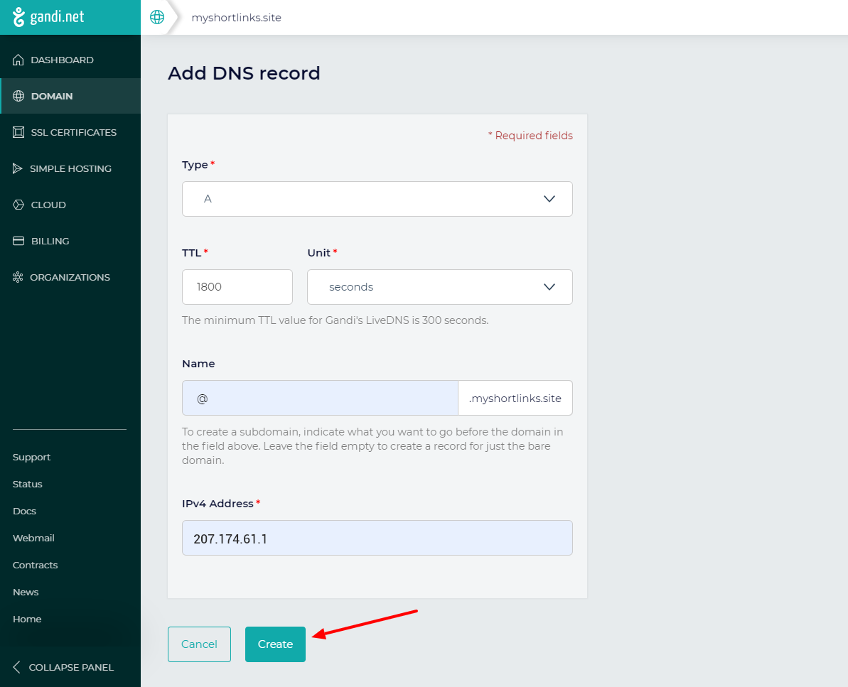 Gandi Add DNS record form with A record for Short.io