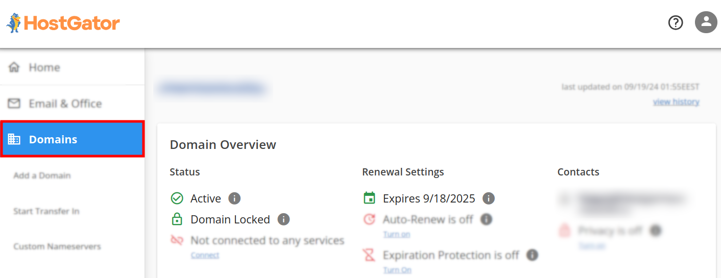 HostGator dashboard with Domains section highlighted