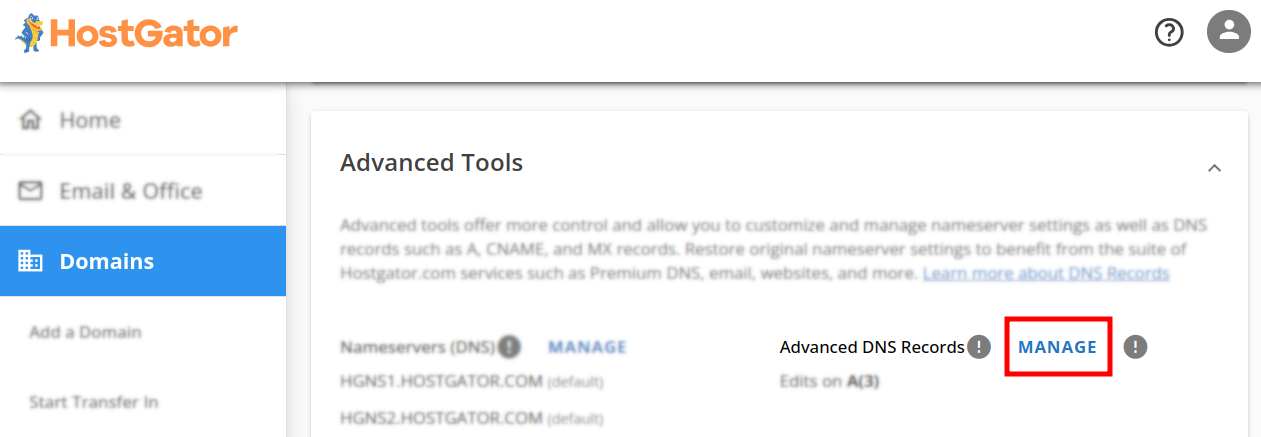 HostGator Advanced Tools with Manage DNS Records button