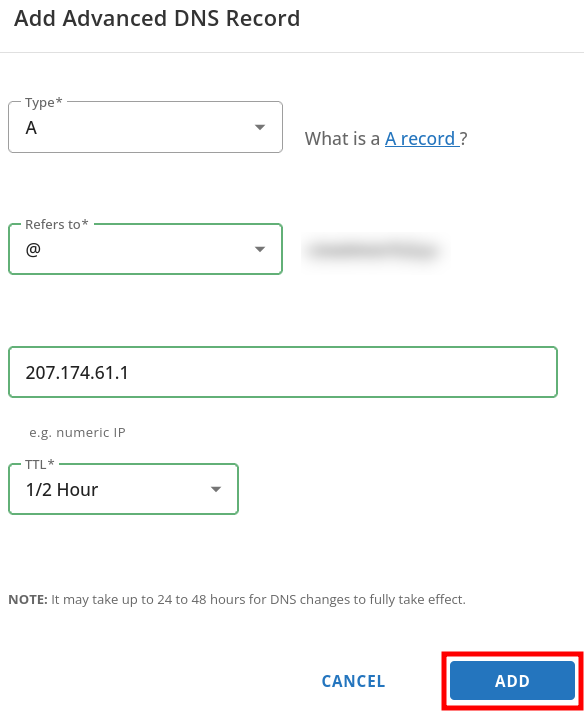HostGator Add Advanced DNS Record form with A record for Short.io