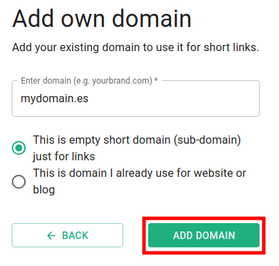 Short.io Add own domain dialog with domain name entered