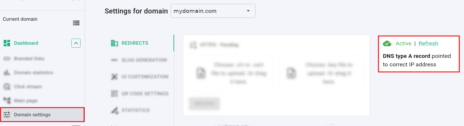 Short.io Domain Settings page showing Active domain status