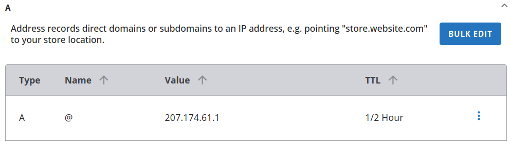 HostGator DNS records showing configured A record for Short.io