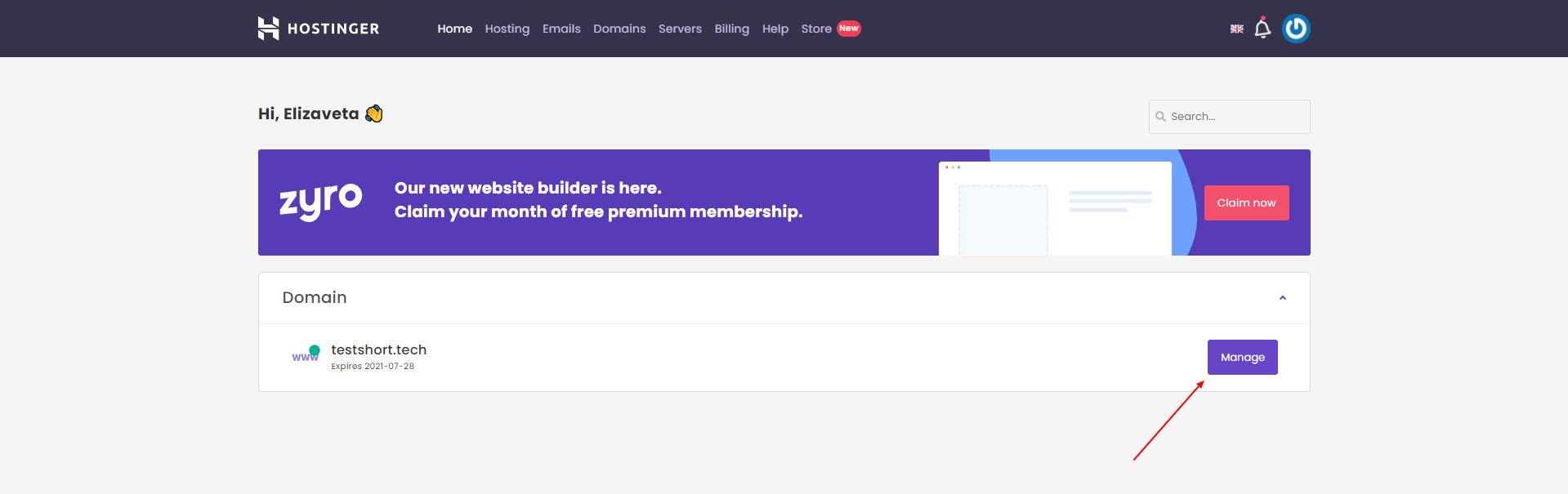 Hostinger dashboard with Manage button next to domain