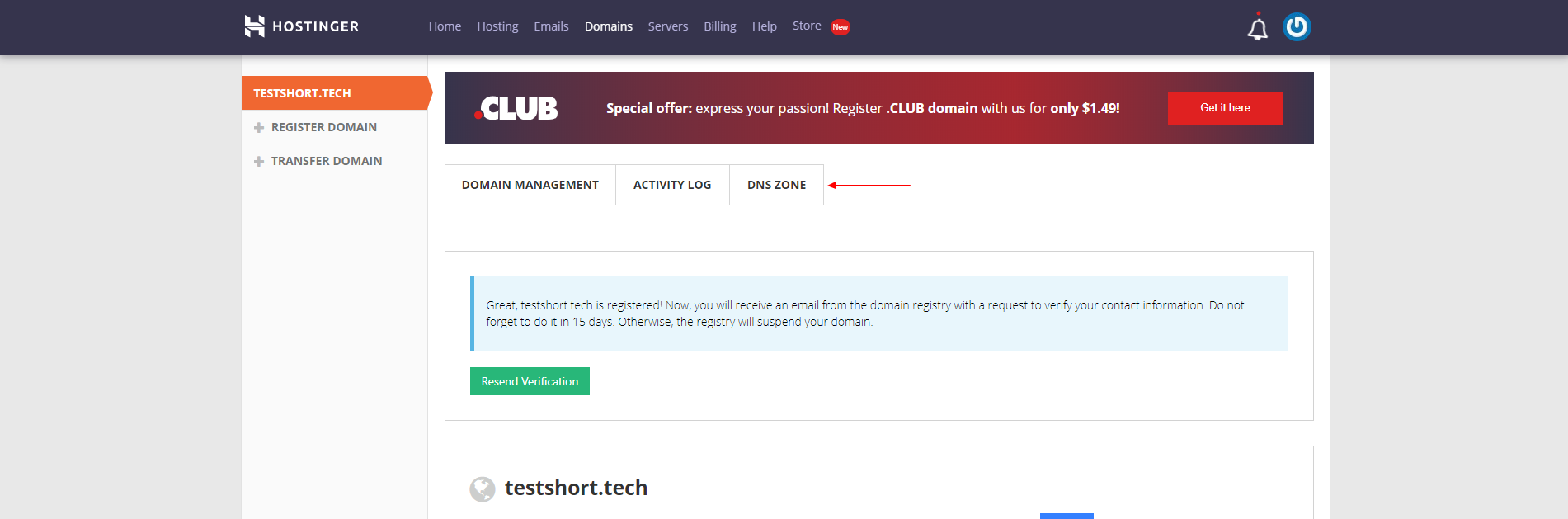 Hostinger domain management with DNS Zone tab highlighted