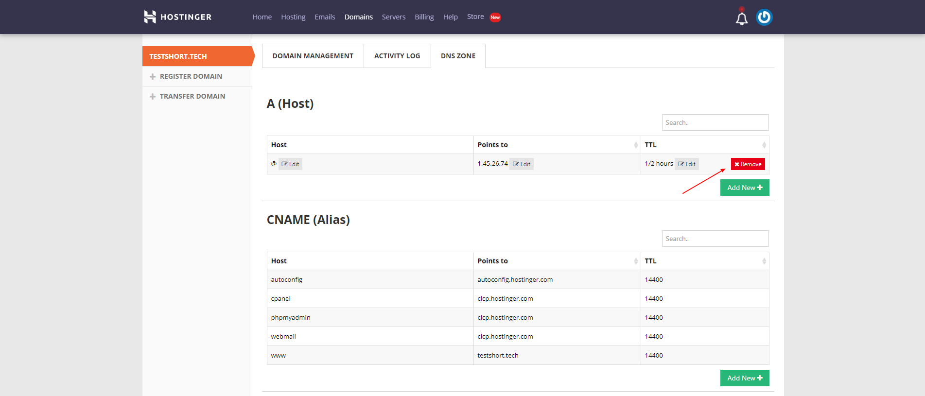 Hostinger DNS Zone showing A record with Remove button