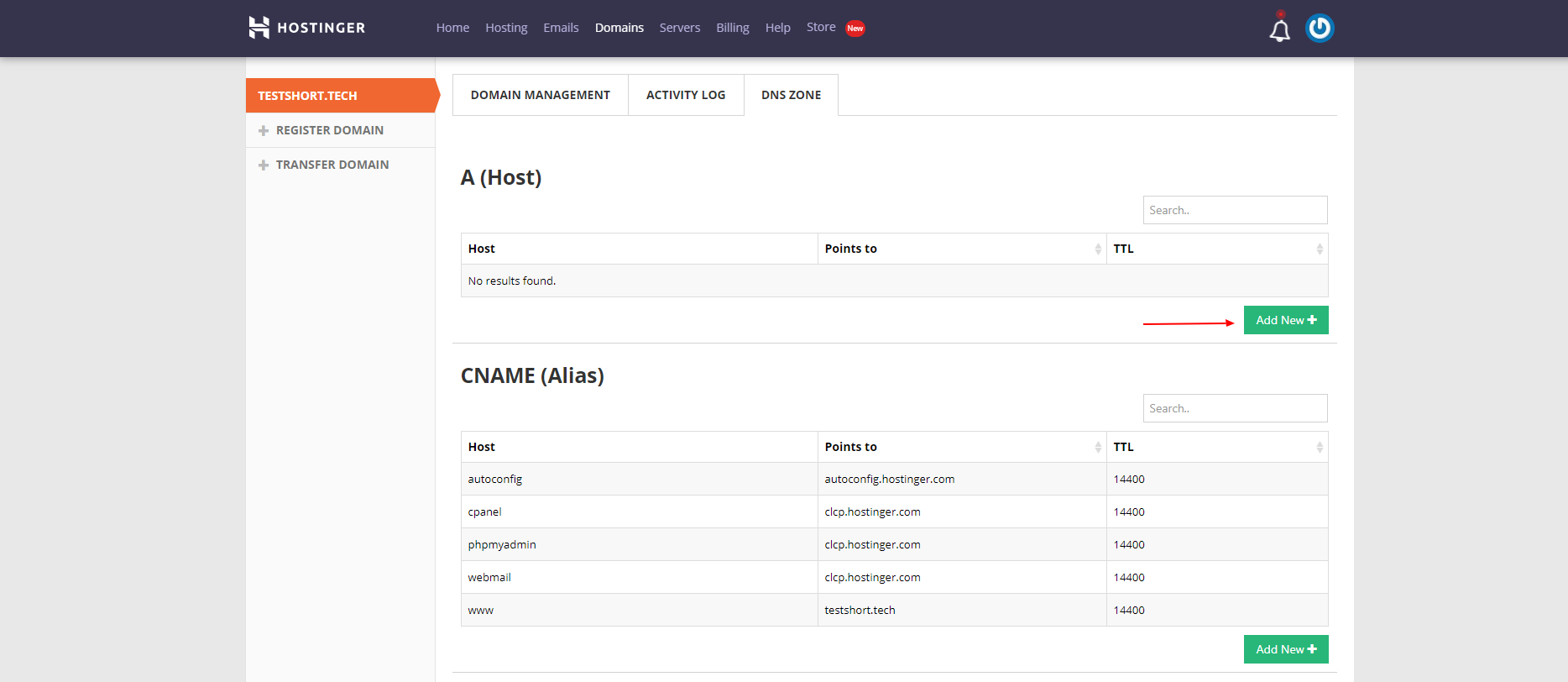 Hostinger DNS Zone with Add New button for A records