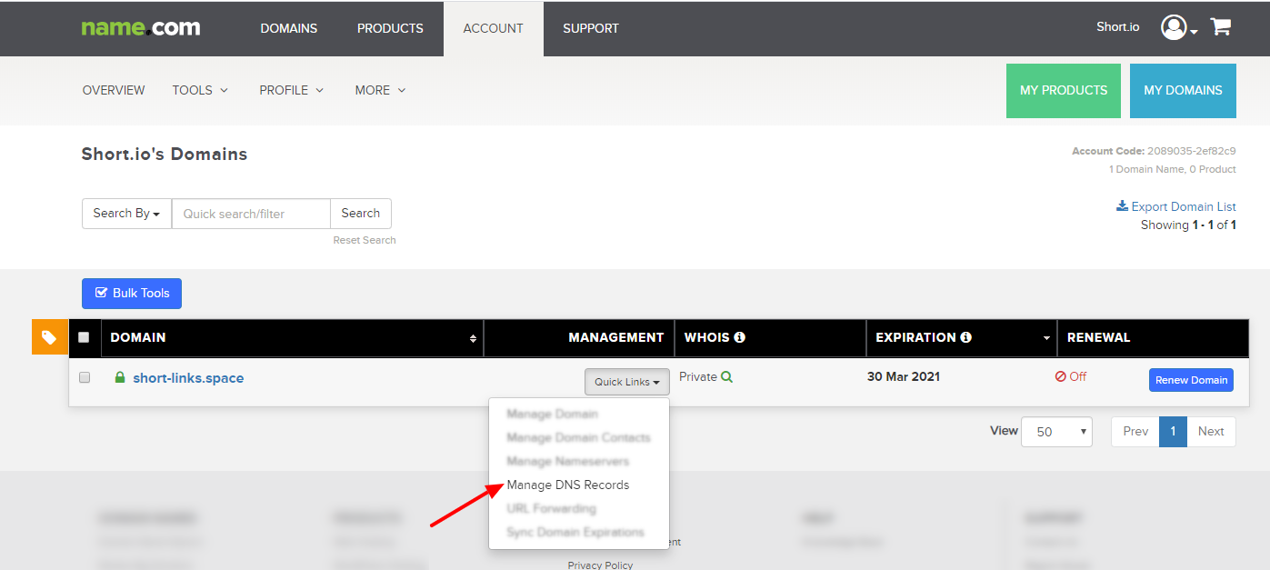 Name.com Quick Links dropdown with Manage DNS Records option