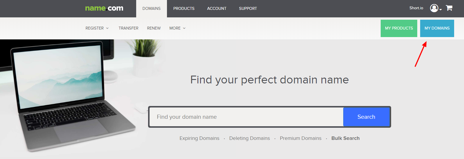 Name.com homepage with My Domains button highlighted