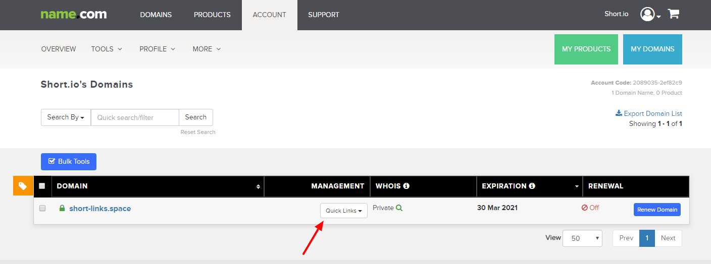 Name.com domains list with Quick Links button highlighted