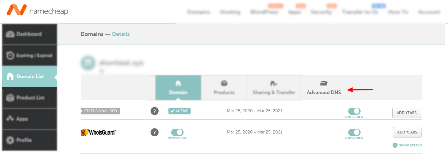 Namecheap domain details with Advanced DNS tab highlighted