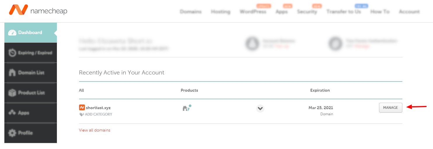 Namecheap dashboard with Manage button next to domain