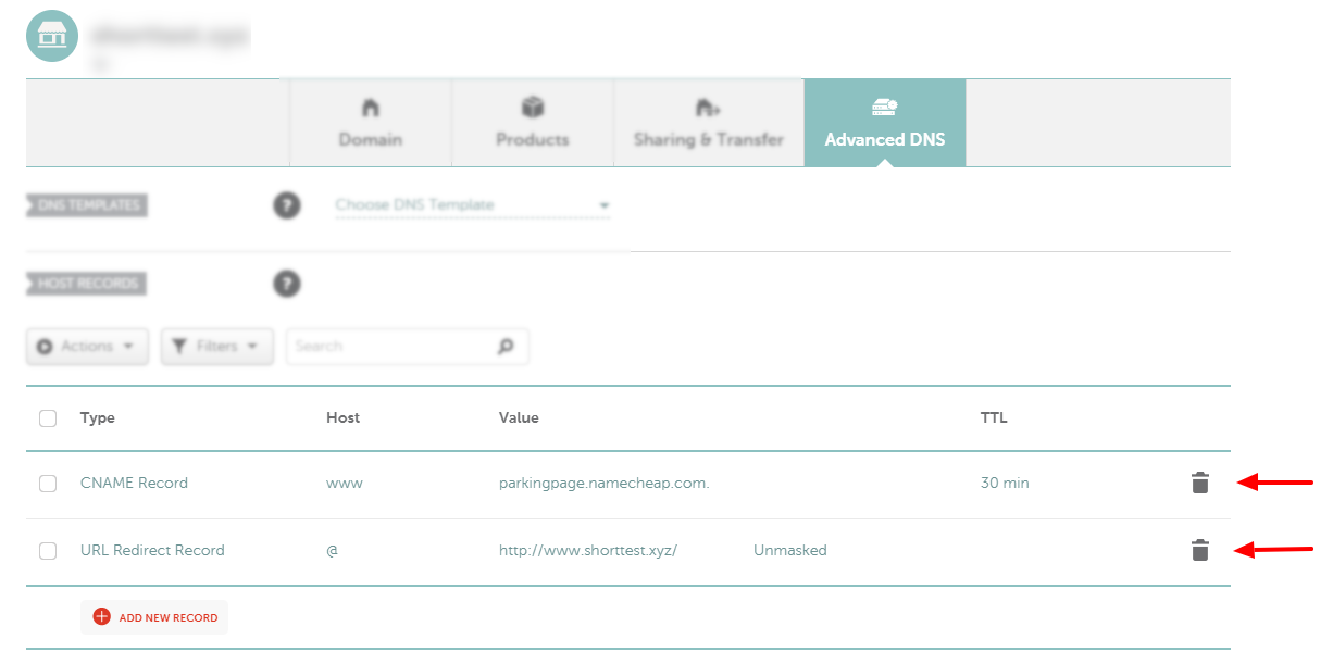 Namecheap Advanced DNS records with delete buttons highlighted
