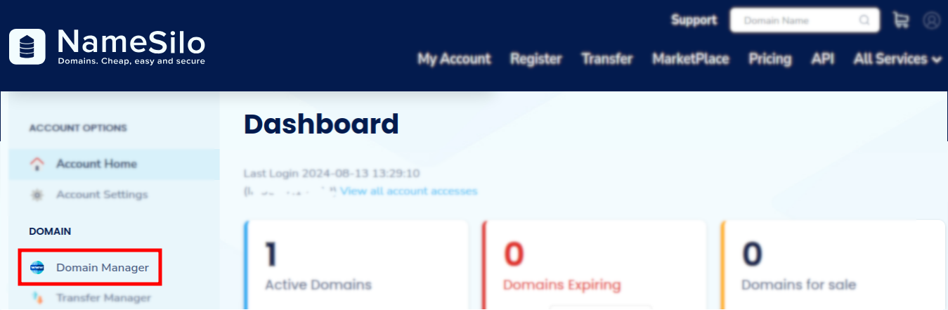 NameSilo dashboard with Domain Manager highlighted