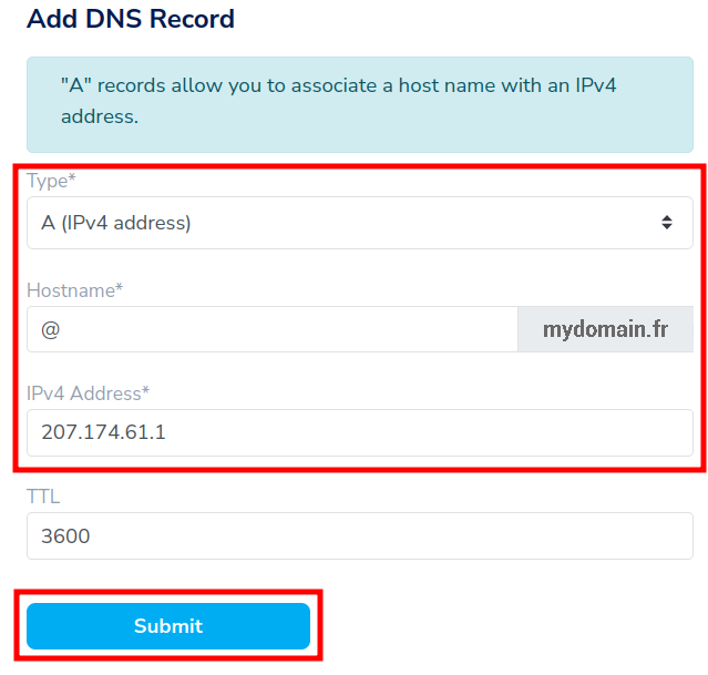 NameSilo Add DNS Record form with A record configured