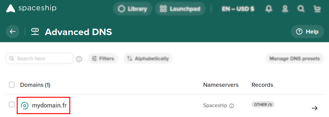 Spaceship Advanced DNS page with domain highlighted