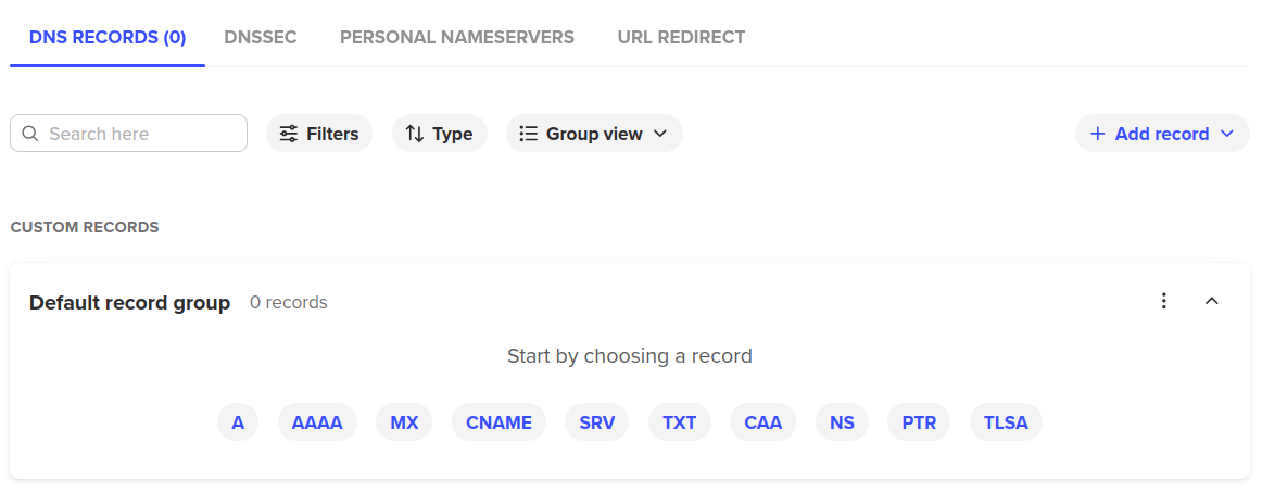 Spaceship DNS Records panel with record type options