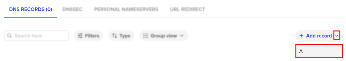 Spaceship Add record dropdown with A type selected