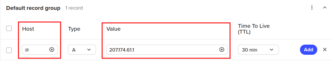Spaceship A record form with Short.io IP address entered