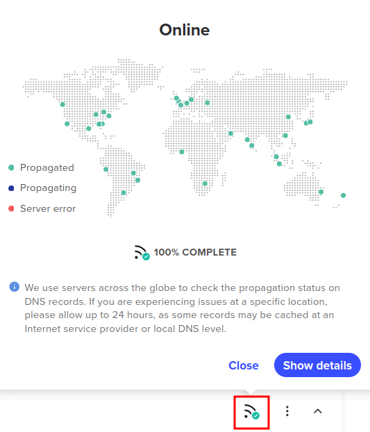 Spaceship DNS propagation status showing 100% complete