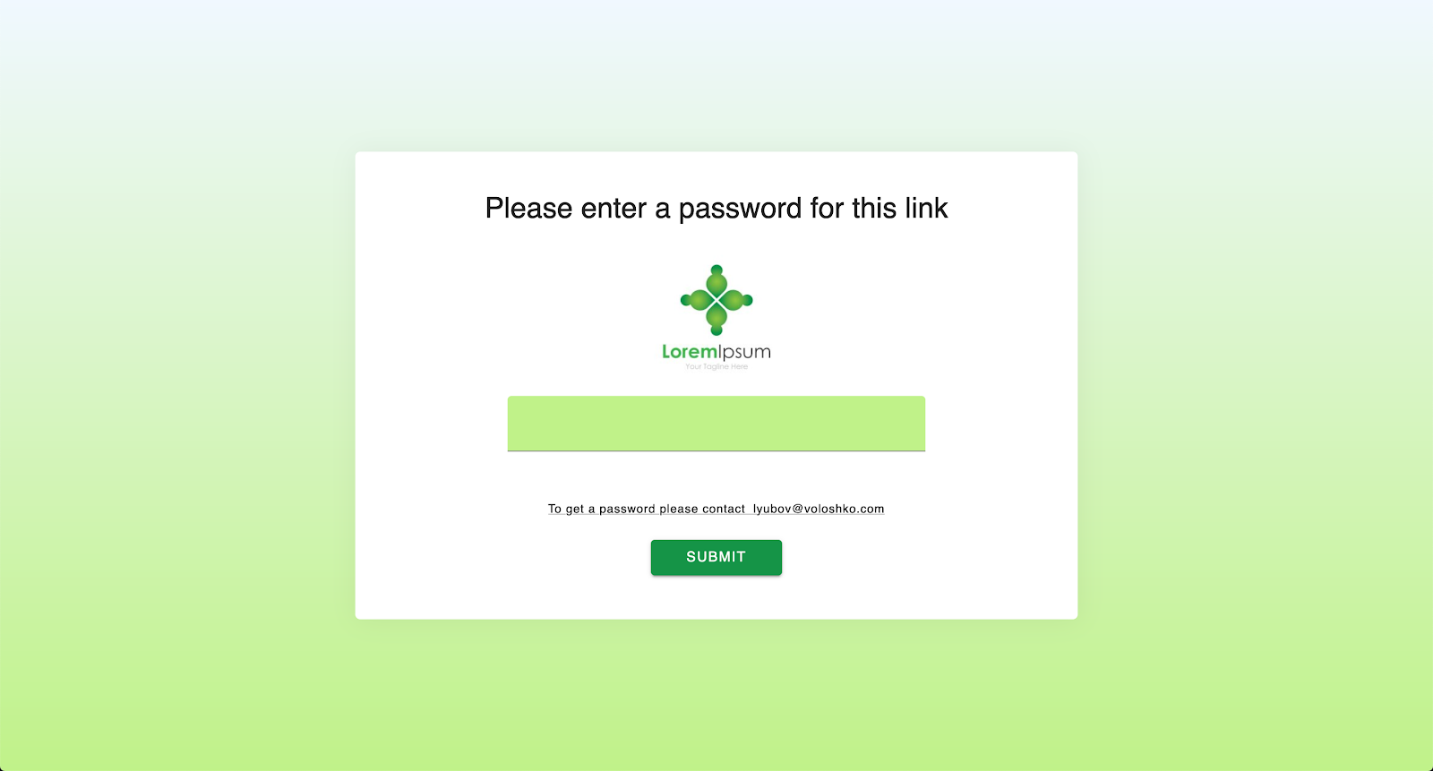 Password page styled with green gradient background and logo image