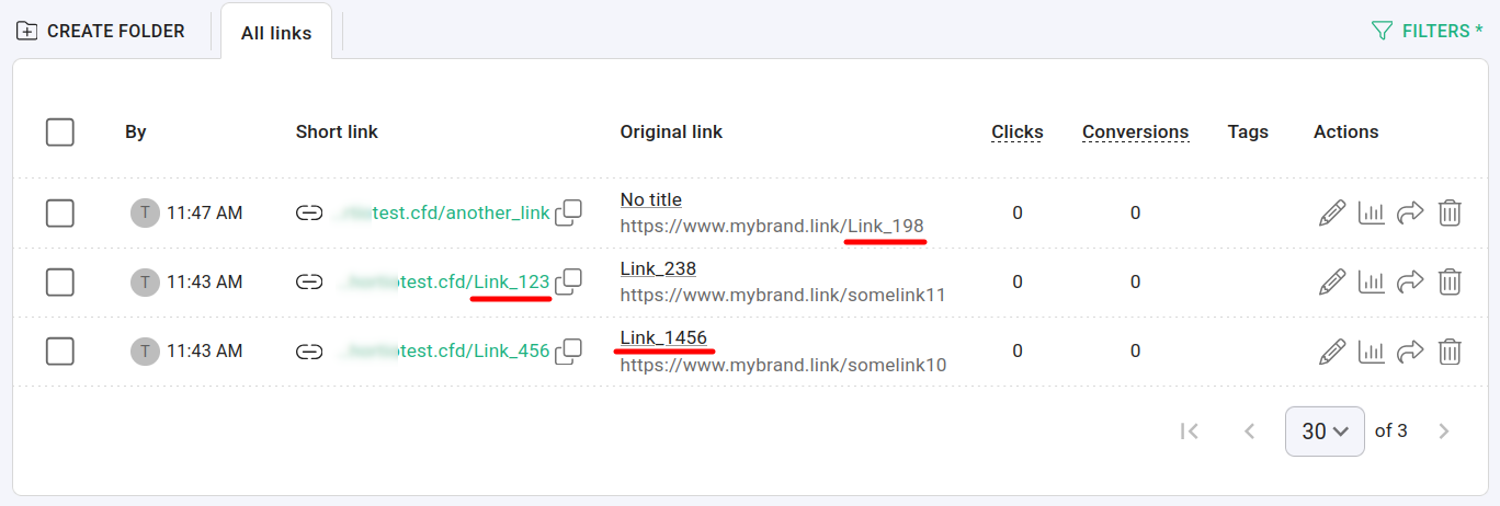 Filtered results showing three links matching Link_1 in different fields