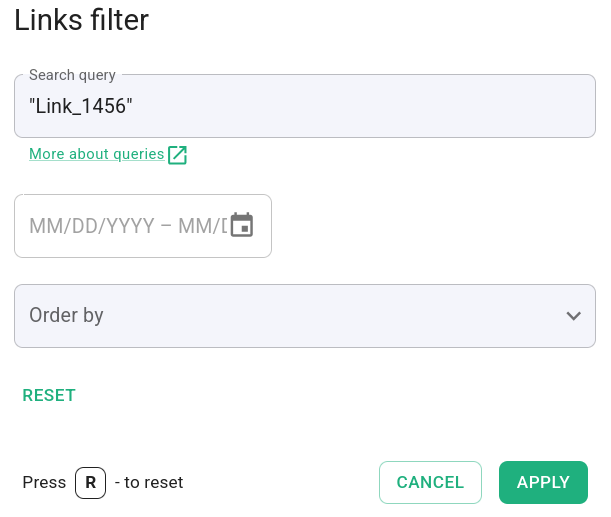 Links filter with exact keyword query "Link_1456" in quotes