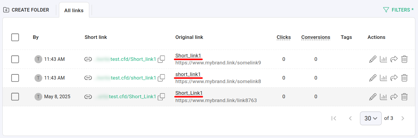 Case-insensitive search results showing links with different capitalizations of short_link1