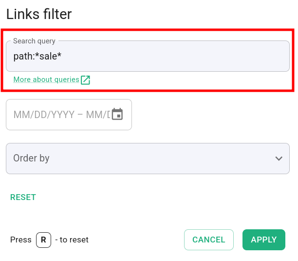 Links filter with asterisk wildcard query path:sale
