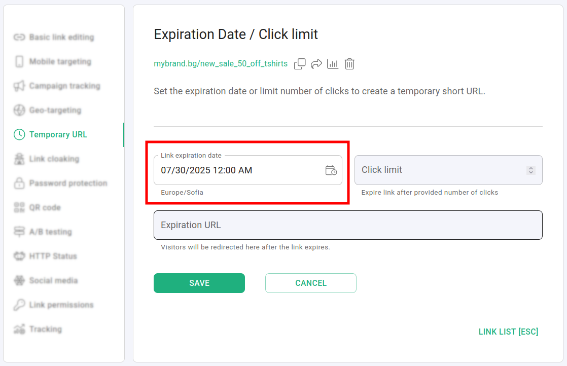 Temporary URL settings with link expiration date set to July 30, 2025