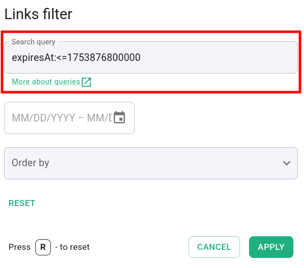 Links filter with timestamp query expiresAt less than or equal to 1753876800000
