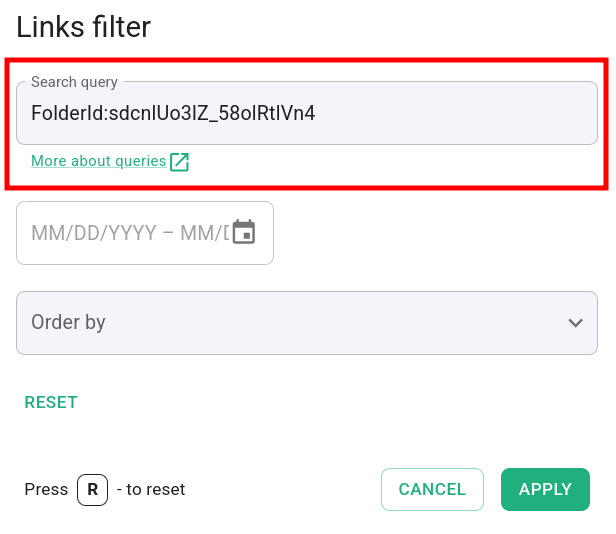 Links filter with query searching by FolderId identifier