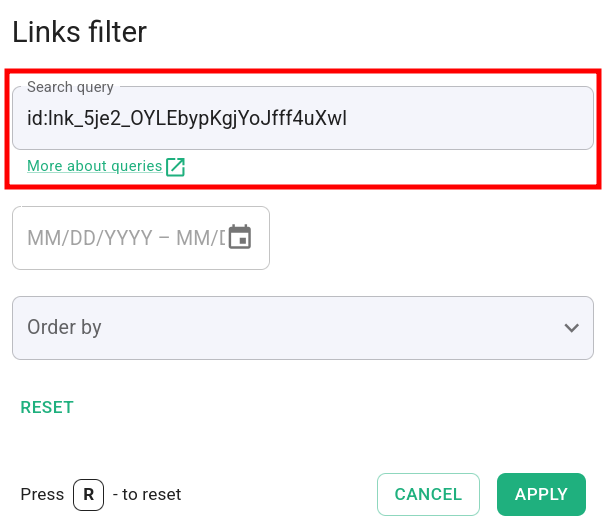 Links filter with query searching by link id identifier