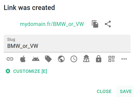 Link created dialog with slug BMW_or_VW and customization feature icons